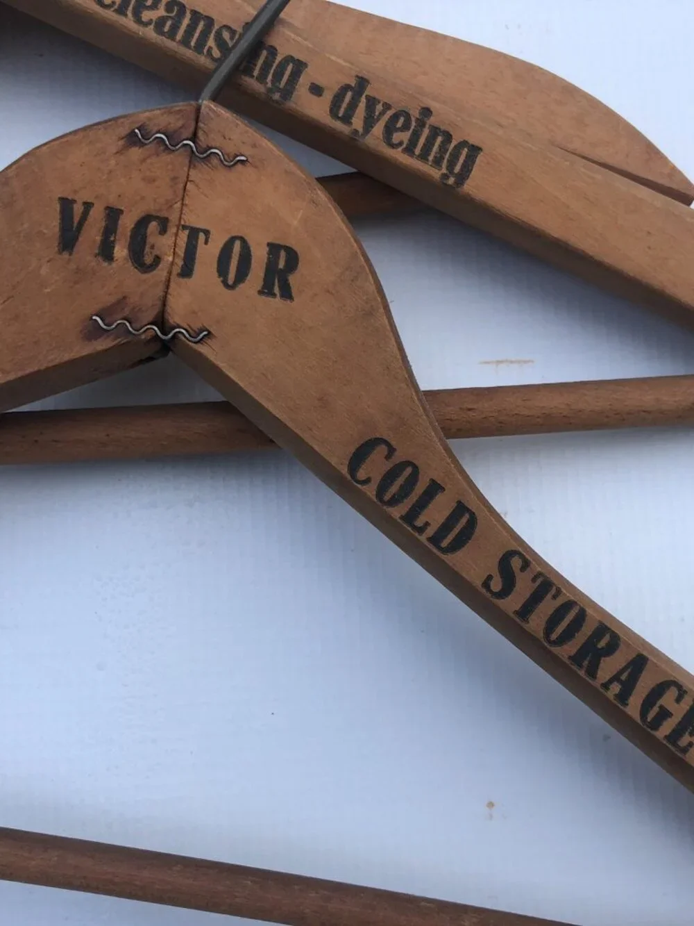 Vintage Wooden Advertising Coat Hanger Victor Cleaners - Lot of 3